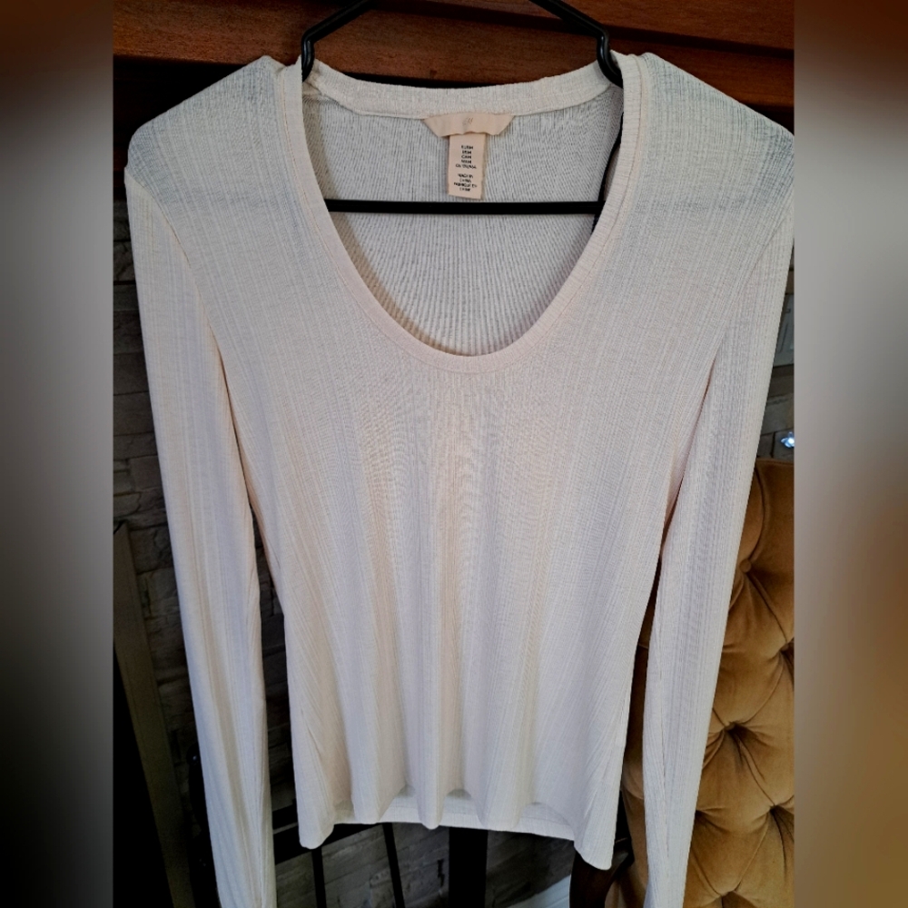 Cream Ribbed Long Sleeve Blouse